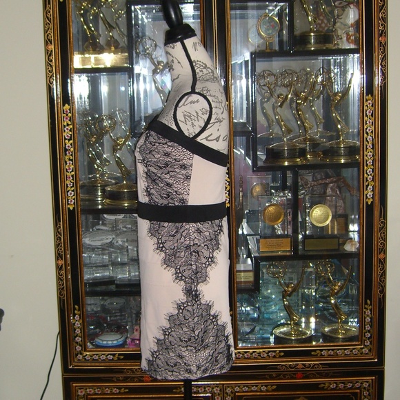 LIPSY BEIGE BLACK LACE STRAPLESS BODYCON DRESS US8 - Picture 4 of 6